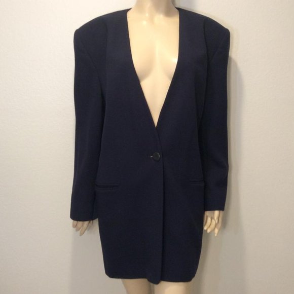Linda Allred for ELLEN TRACY vintage 90's Navy Blue Blazer 100% wool EUC Size 16 - Picture 4 of 11